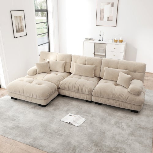 Canapé d'angle, canapé en U pour salon à 3 place avec pouf amovible, en tissu, beige - 3