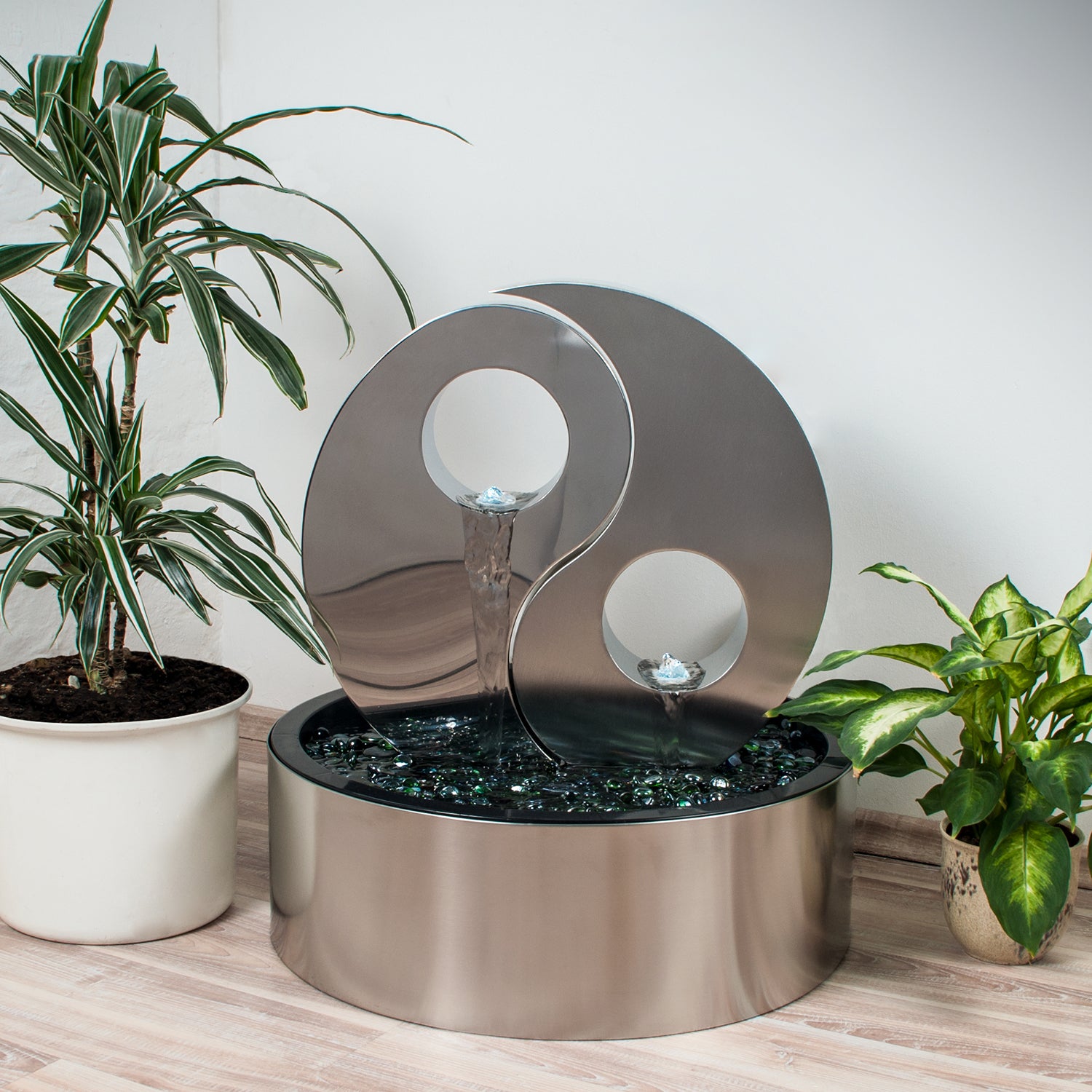 KÖHKO® Ściana wodna Yin Yang z oświetleniem LED Okrągła ok. Ø 48 cm Fontanna ze stali nierdzewnej z pierścieniem ze stali nierdzewnej