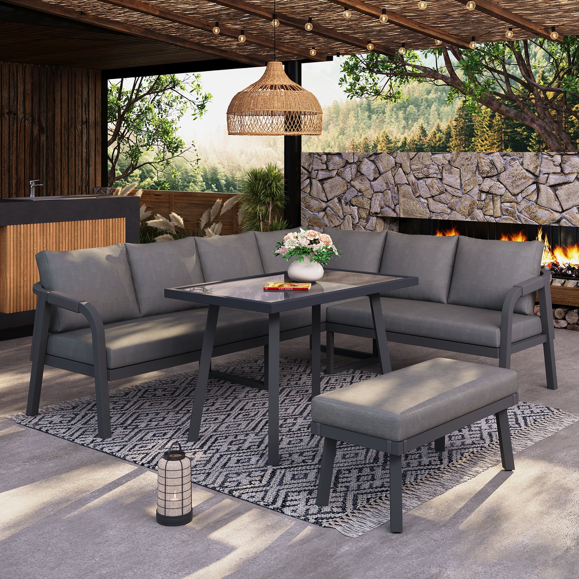 Conjunto de jardín XL de 8 plazas - Conjunto de comedor esquinero con mesa alta y banco - Acabado en cuerda trenzada - Gris - 3