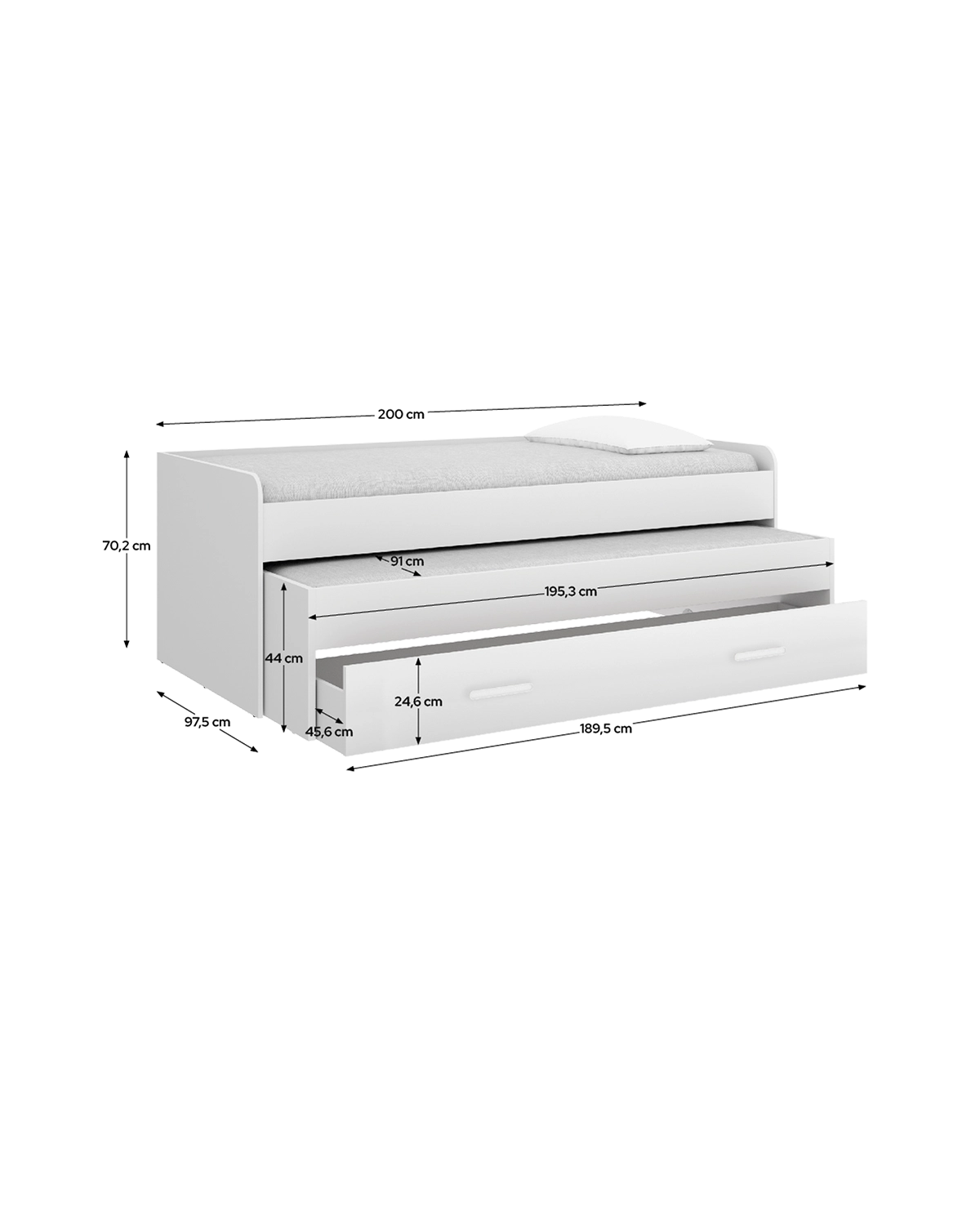 Cama Nido Juvenil 90x190cm Pema con 2 cajones - Blanco - Apto para 2 personas, Blanco - Homekit - 5