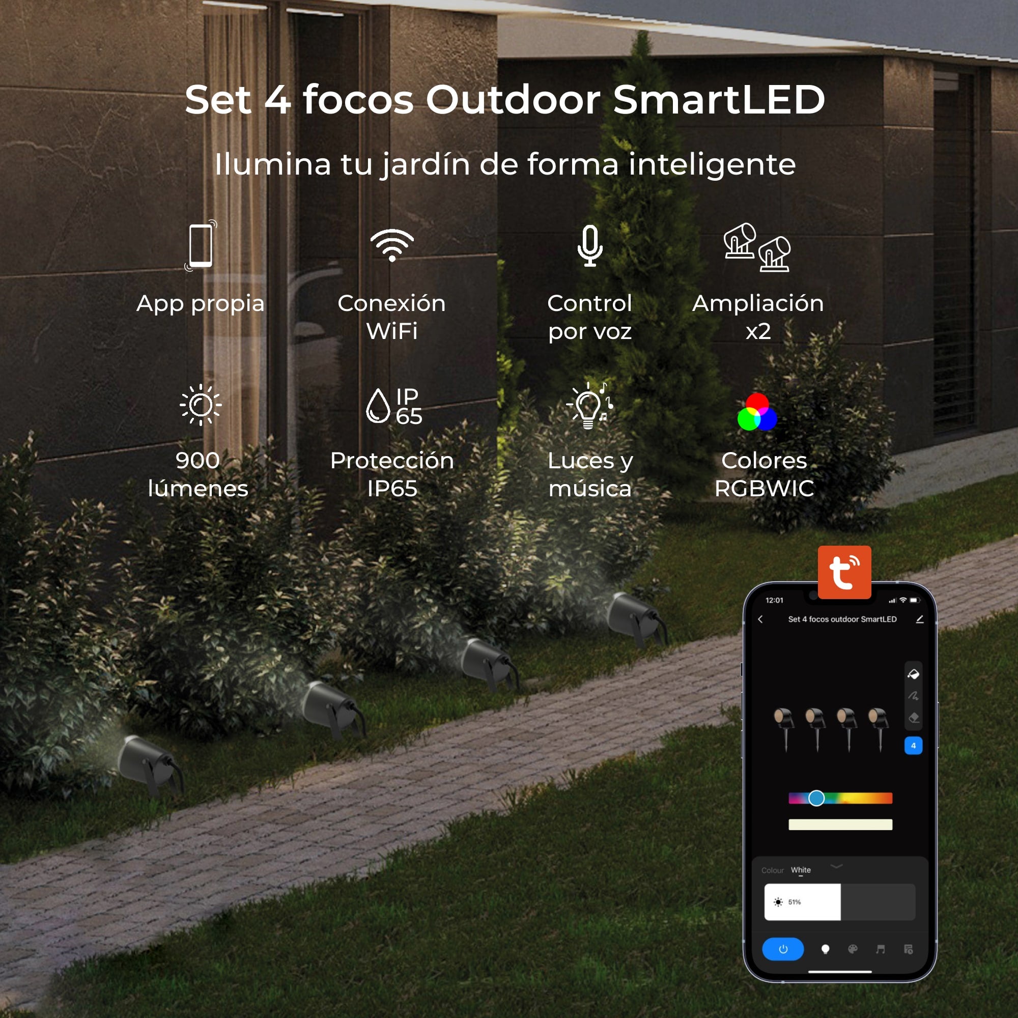 Ksix Pack 4 Smartled Outdoor Focos LED RGBWIC - IP65 - Control por APP - Instalacion Facil - 2