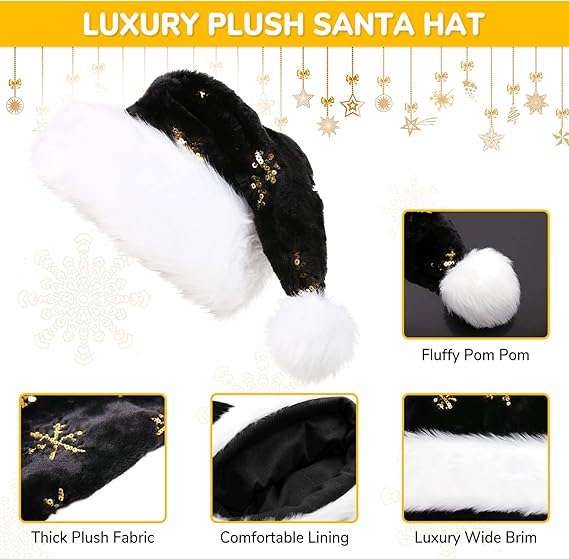 sztuka (30*45 cm) Czarna czapka świąteczna dla dorosłych z podszewką, unisex, ciepłe akcesoria do czapek świątecznych Czapka świąteczna i noworoczna - 3