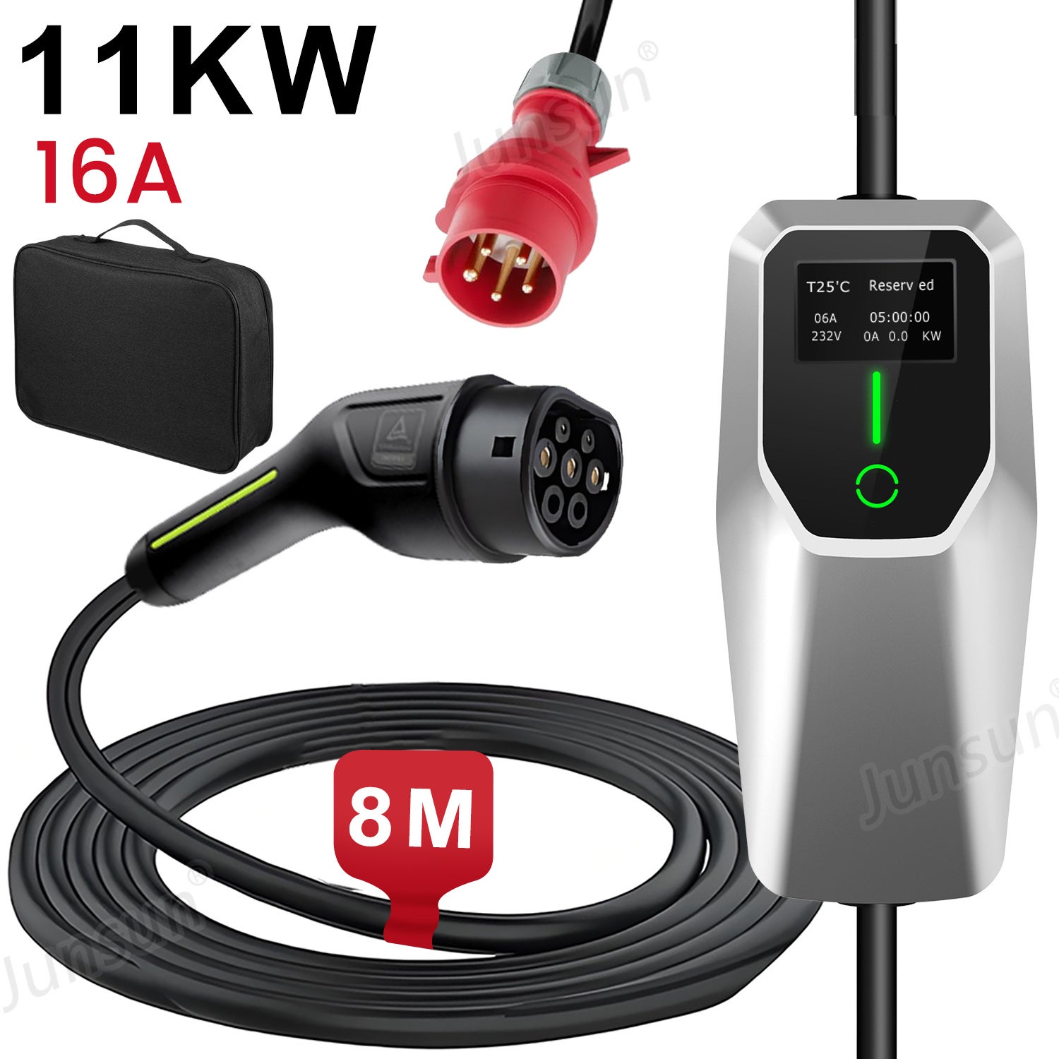 Przenośna ładowarka samochodowa EV 11KW 16A 3-fazowa Typ 2 kabel 8m ochrona IP67 regulacja prądu 6A-16A zestaw do ładowania w podróży