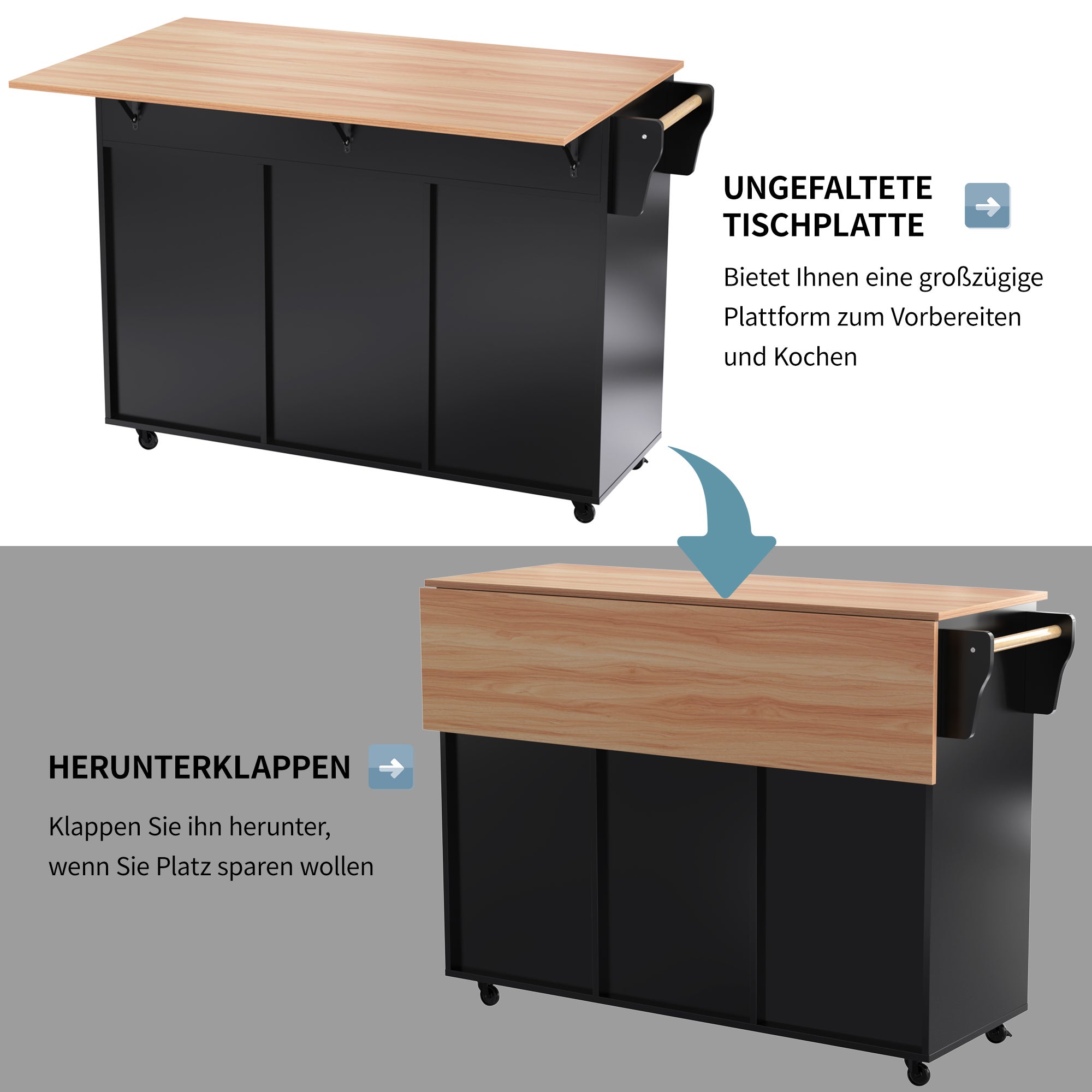 Îlot de cuisine avec plateau pliable et 5 roulettes, 129×46-71×91,5 cm,Desserte de cuisine avec espace de rangement, 2 tiroirs et 3 portes,Noir - 9