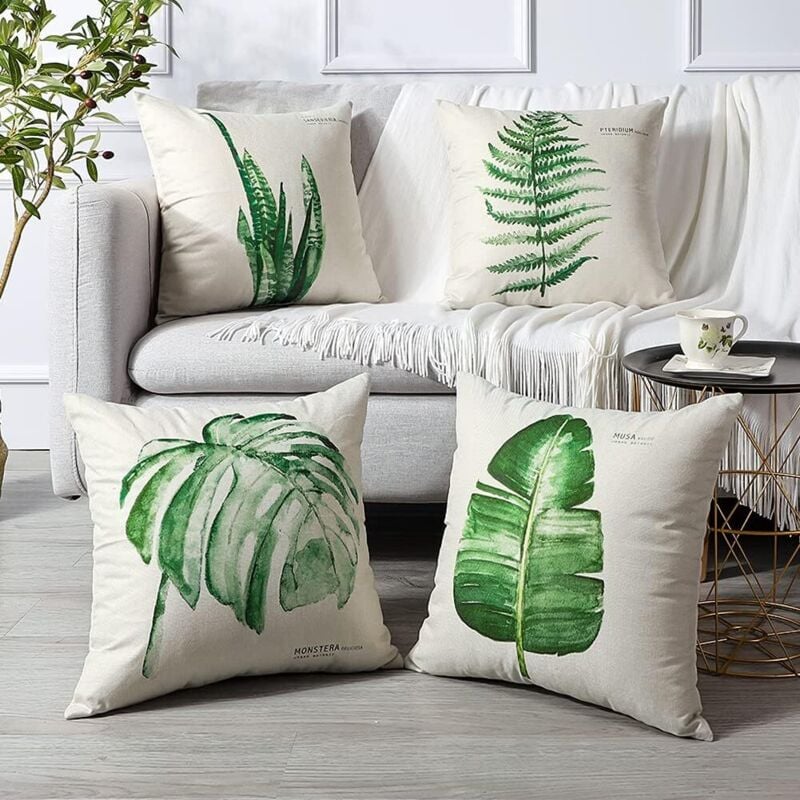 Extérieur Housse de Coussin, Lot de 4 Imperméable Fleurs et Oiseaux Bleus et Verts Motif Canapé Taie d'oreiller pour Patio Jardin Salon Chambre Décora - 4