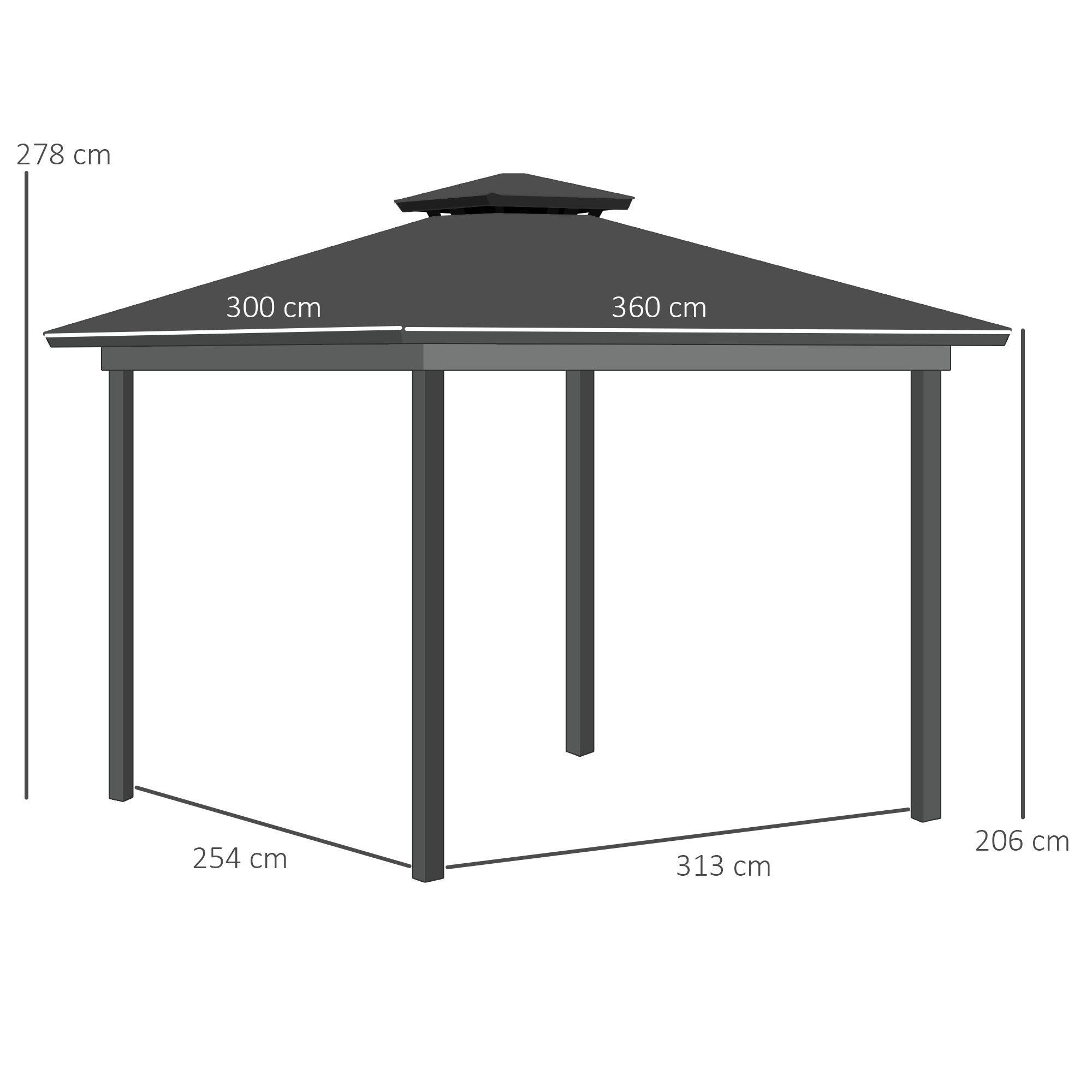 Pavillon de jardin tonnelle rigide rideaux métal gris polycarbonate noir - 3