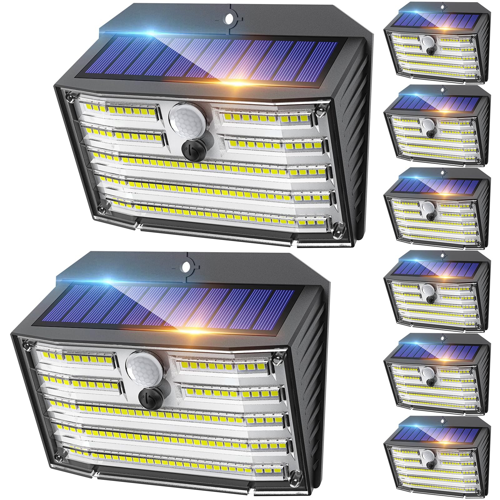 Zestaw 8 zewnętrznych lamp solarnych 126 LED, bezprzewodowe światła z czujnikiem ruchu, wodoodporność IP65, 3 tryby, kąt świecenia 270°
