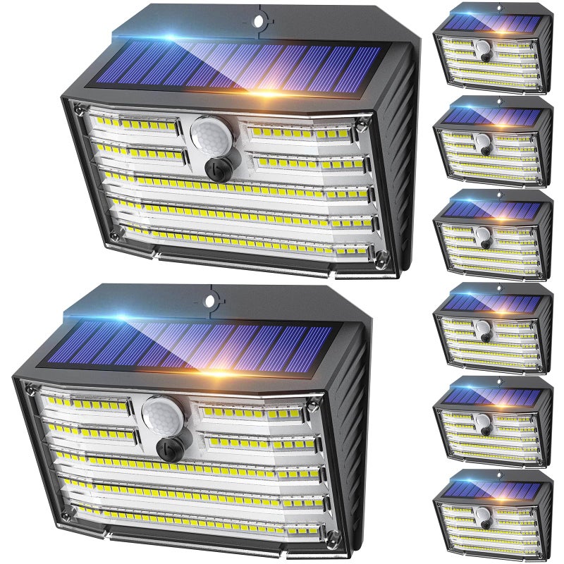 Zestaw 8 lamp solarnych zewnętrznych 126 LED, bezprzewodowe lampy z czujnikiem ruchu, wodoodporne IP65, 3 tryby, kąt świecenia 270 °