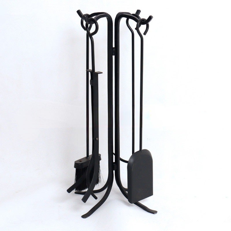Vajilla para chimenea, juego de 5, servidor, tarjetas, pala para cenizas, escoba, pinzas y soporte moderno, color negro