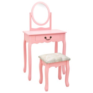 Tavolo da Trucco con Sgabello e Specchio Pieghevole in 3 Rosa
