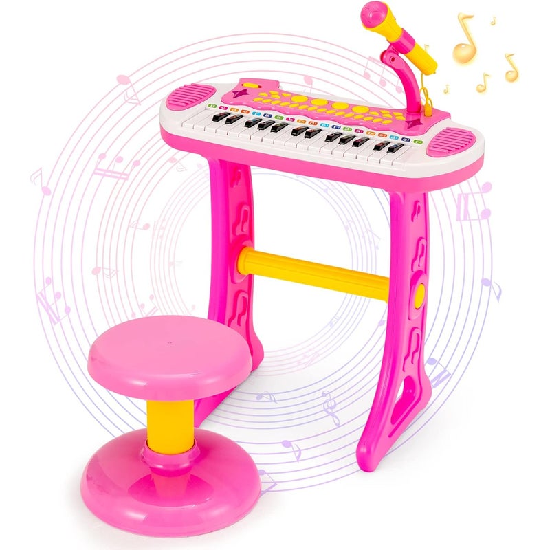 31-Klawiszowa Klawiatura Fortepianowa, Elektroniczny Fortepian Zabawkowy ze Stołkiem i Mikrofonem, 22 Demo, dla Dzieci Powyżej 3 Lat (Różowy)