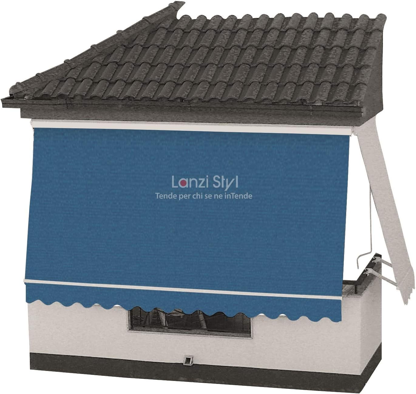 Toldo vertical (200 x 260 cm – azul 416) con cofre, brazos y faldón (tela lisa)