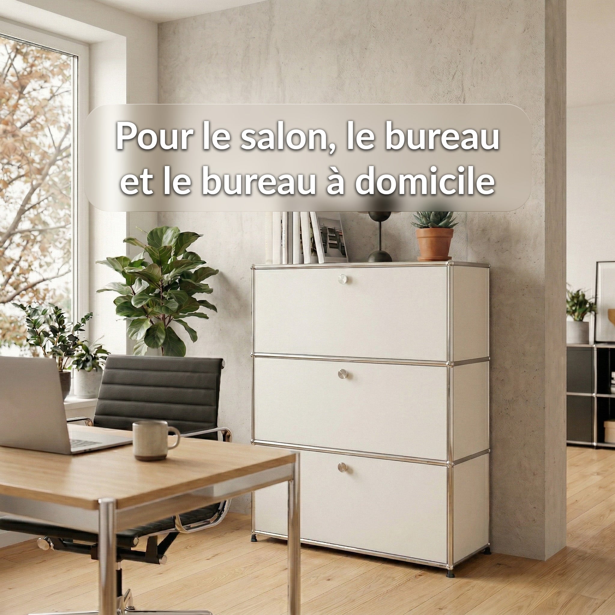 Étagère métal chromé design épuré, Concept Epuré MK-129, Buffet 3 compartiments verrouillables,Blanc - 5