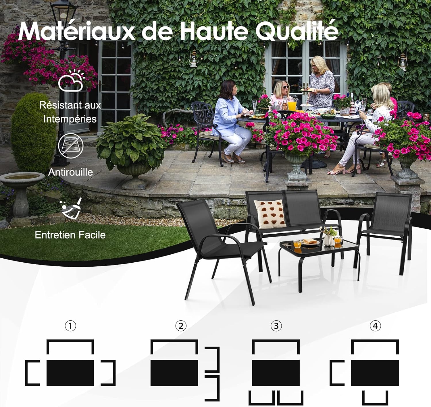 4 Pcs Ensemble de Meubles de Jardin avec 3 Chaises en Textilene, Lot de 4 Salon de Jardin 4 Personnes avec Table Basse,pour Jardin,Terrasse - 5