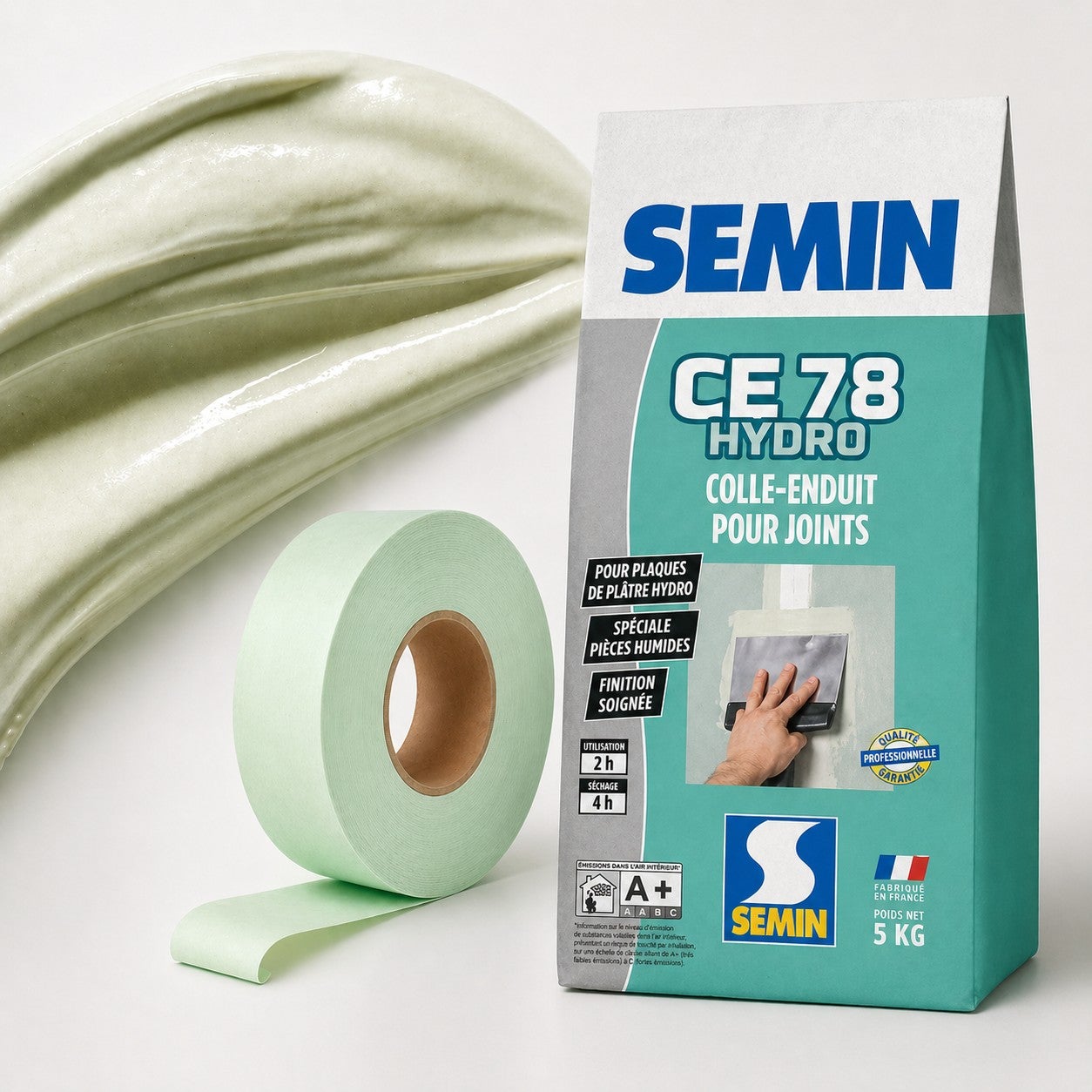SEMIN Pack Hydro plaques de plâtre - Enduit CE 78 Hydro Sac de 5kg + Bande à Joint Hydro 30 m - Spécial pièces Humides - 10 m² - 4