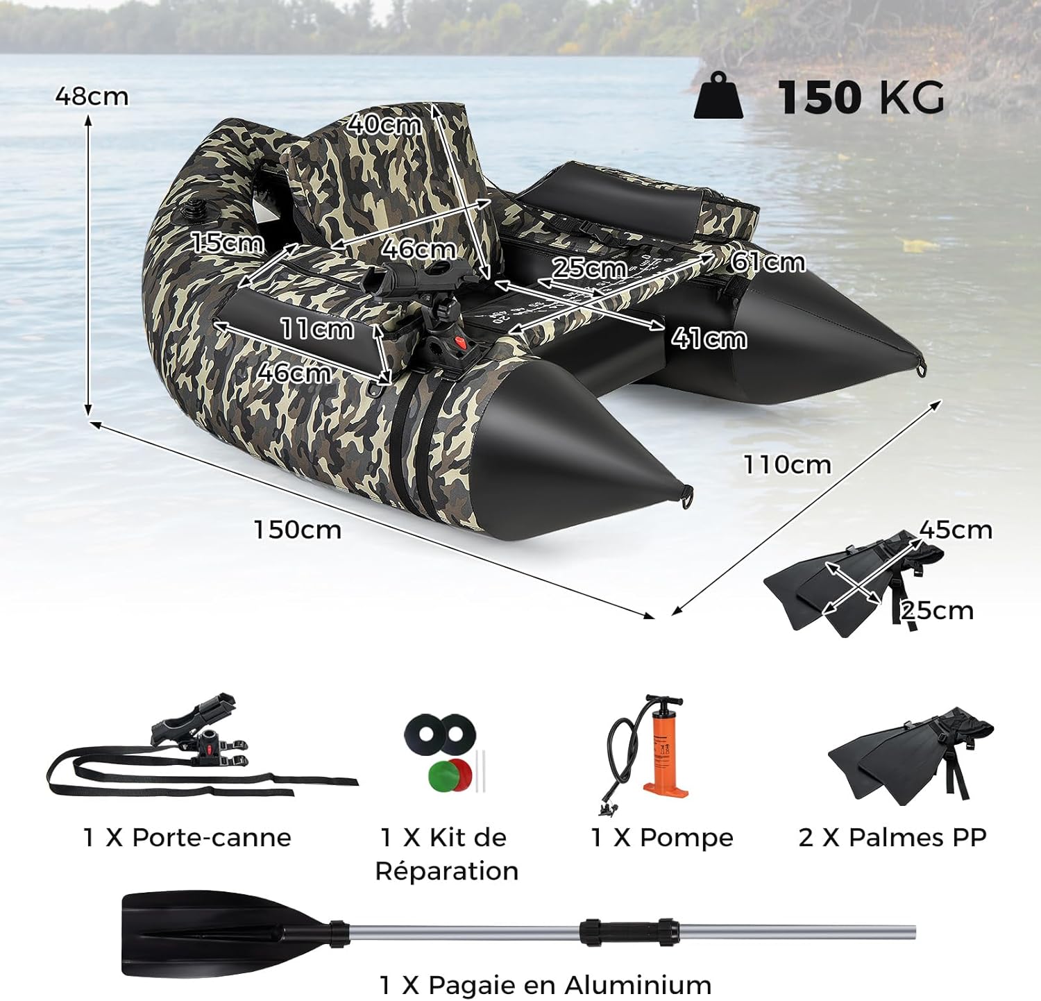 Barco de Pesca Inflável com Encosto e Pagaia, Barco Inflável com Régua para Peixes, Suporte para Cana, Bolsos de Armazenamento, Remos e Bomba. - 5