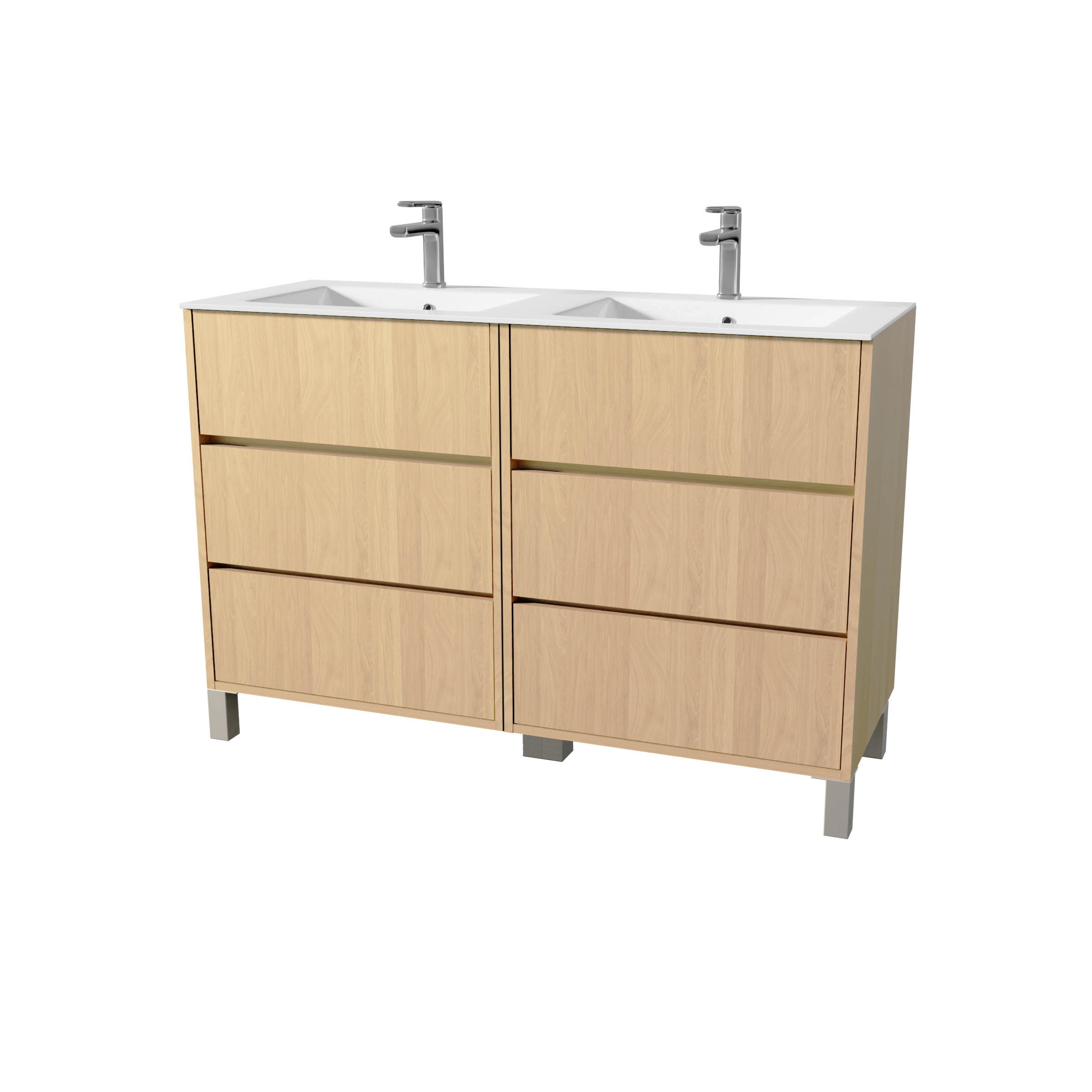Pack Meuble Salle de Bains 120 cm Chêne Clair, 6 tiroirs avec Vasque Céramique - XENOS - 3