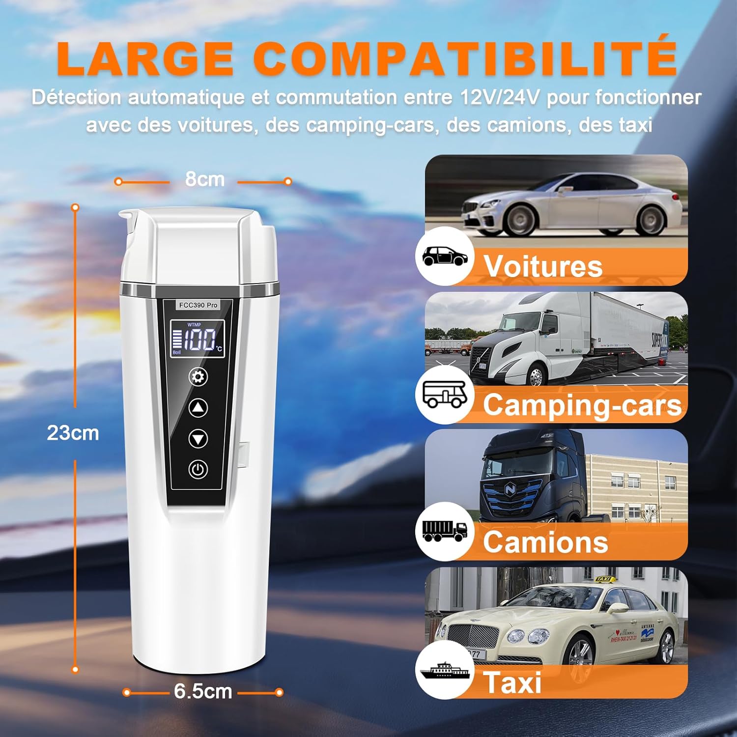 Czajnik samochodowy 12 V 24 V z wtyczką samochodową, przenośny elektryczny czajnik podróżny do samochodu, 500 ml, stal nierdzewna 304 - 3
