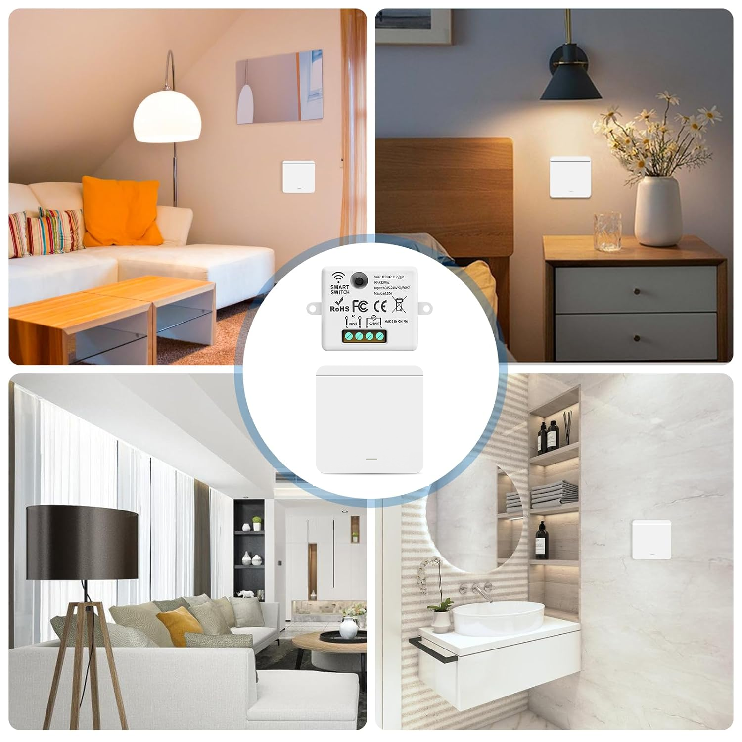 Interrupteur sans fil avec récepteur, 433 MHz, AC85-265 V, interrupteur va-et-vient sans fil, interrupteur d'éclairage sans fil, aucun câblage requis - 8