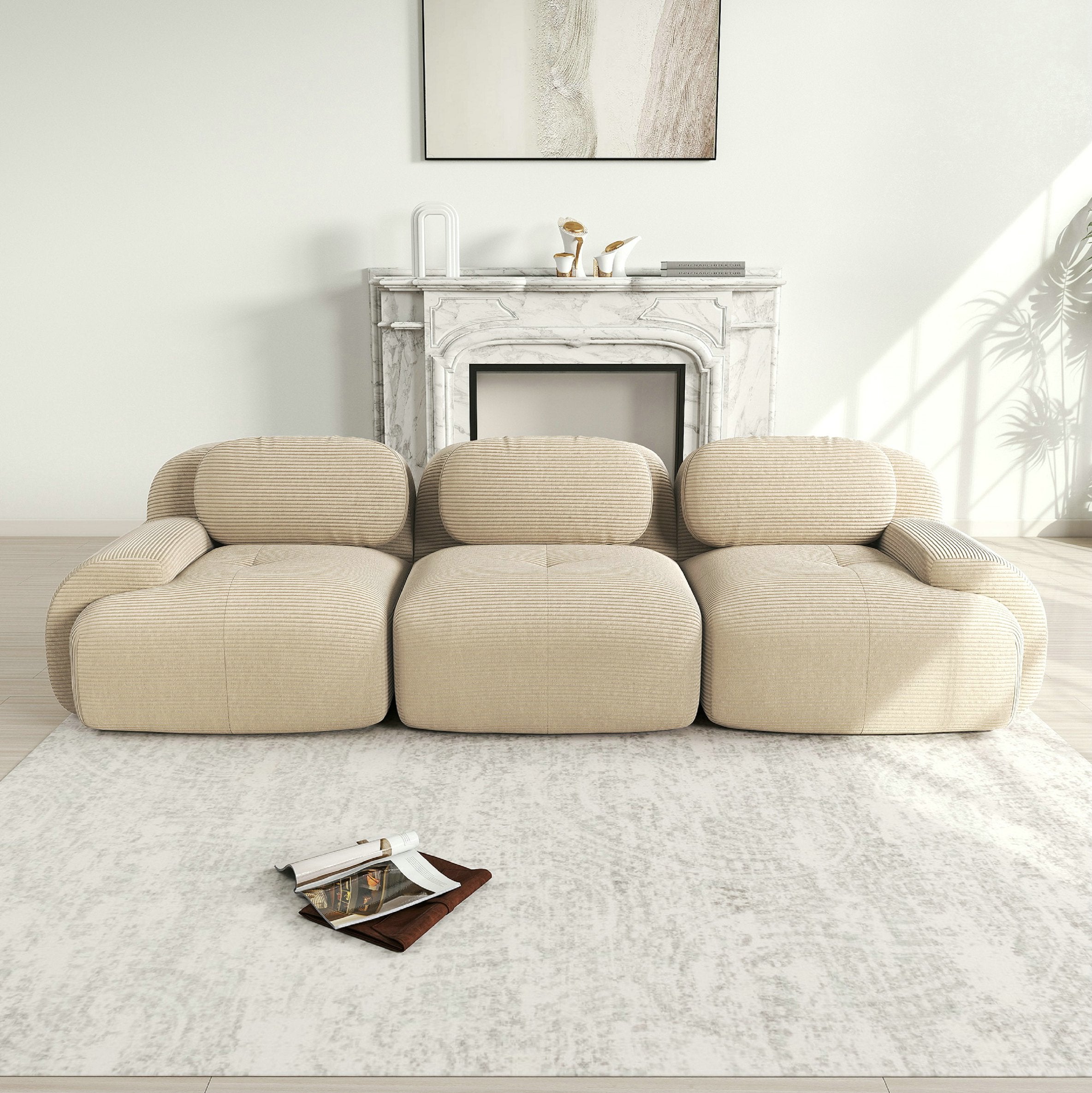 Canapé d\' modulable 3 places, antidérapant et adapté aux animaux, pieds élargis – tissu velours côtelé respirant – beige - 2