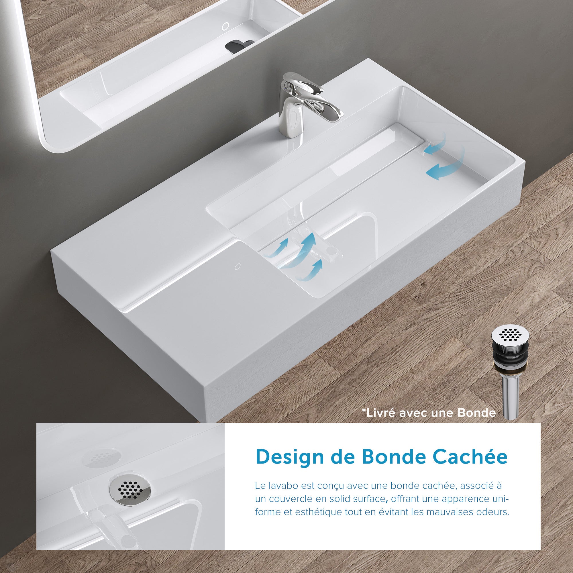 doporro Lavabo Suspendu Blanc 75cm Vasque à Poser Lave Mains Rectangulaire de Qualité pour Salle de Bain 75x43x14cm Colossum12-R - 3