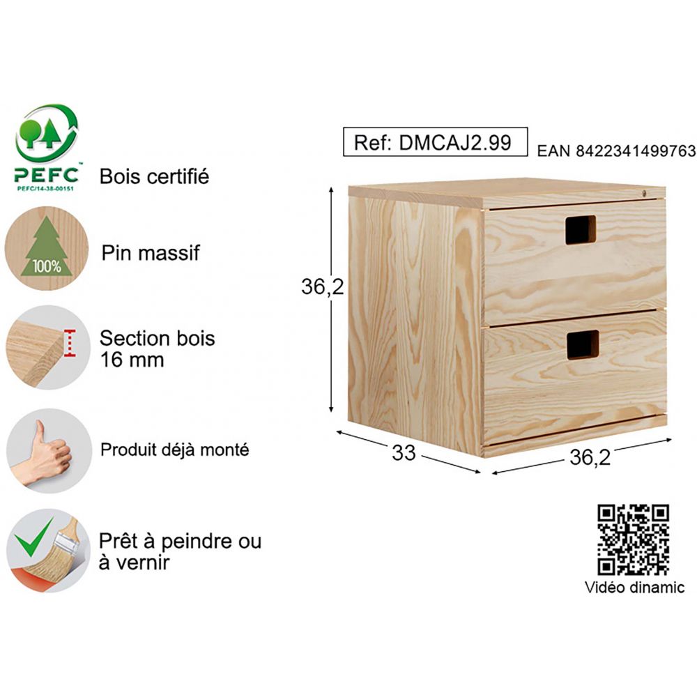 Cube de rangement en pin massif 36X33X36cm- - 3