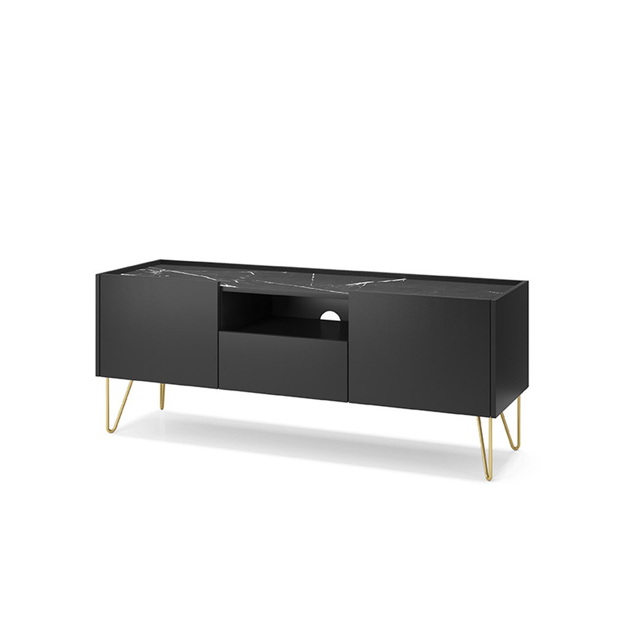 Szafka RTV HARMONY 144 cm – Czarna z złotą podstawą, Push to Open