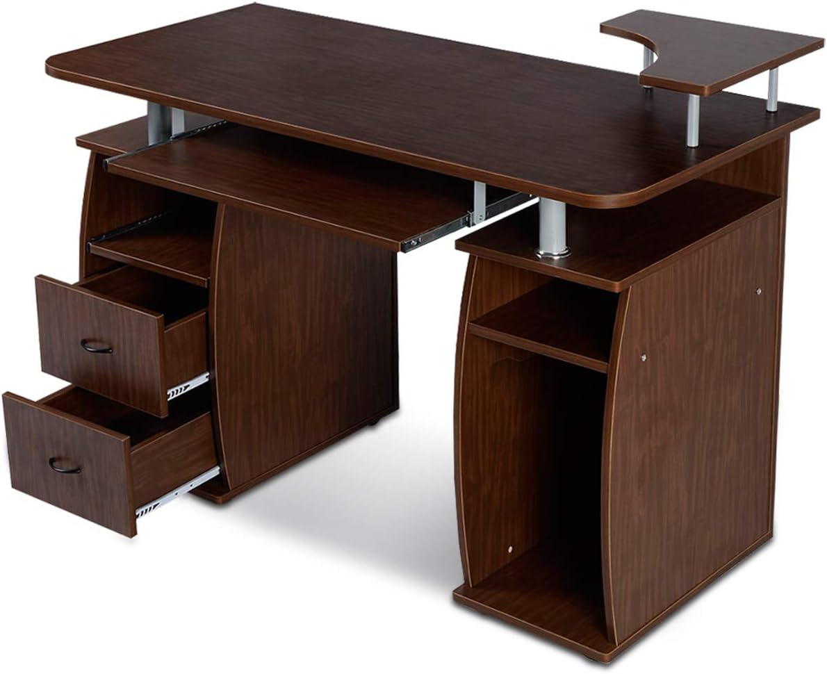 Bureau Informatique 120 x 55 x 85CM, Bureau d'angle avec Tablette Imprimante,avec de Nombreux rangements et Tablette à Clavier Coulissant, Noyer - 8