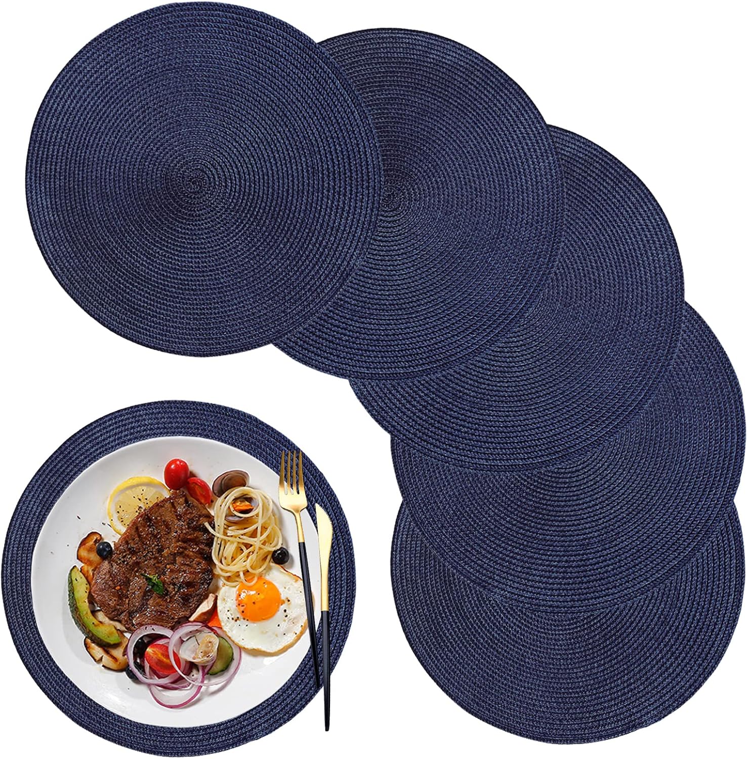 Zestaw 6 okrągłych podkładek o średnicy 14,9 cala do kuchni, jadalni, na przyjęcie, wesele (niebieskie)