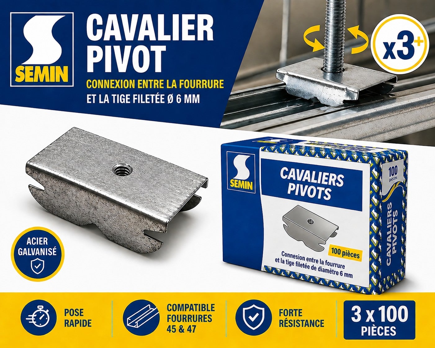 Bride de Fourrure Cavalier Pivot Semin, pour Plafond Suspendu, Boite de 100, lot de 3 - 2