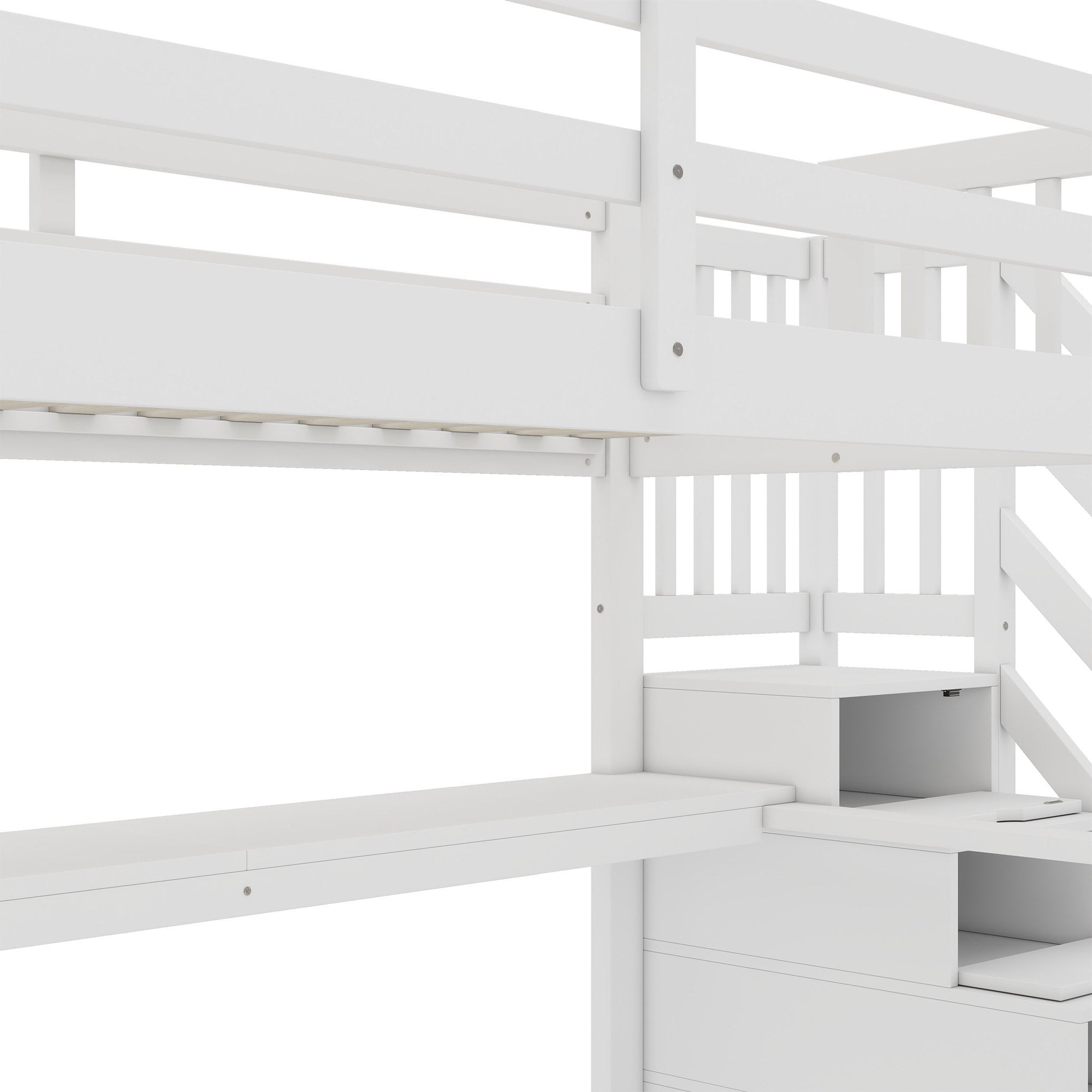 Lit mezzanine en bois de pin - 90x200cm - avec escalier de rangement et bureau - avec sommier à lattes - Blanc - 7