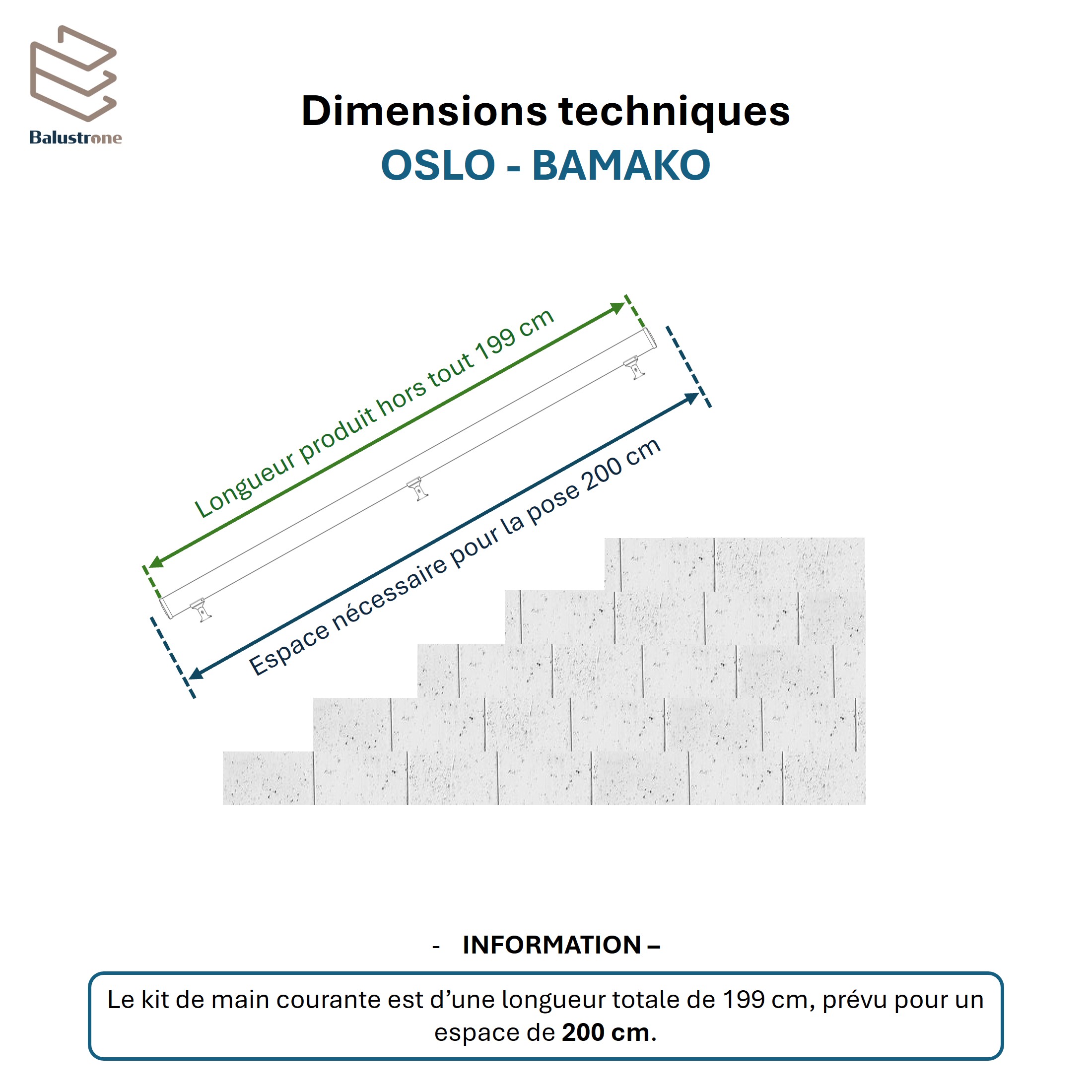 Main courante aluminium 2m + 2 supports, OSLO (rond), en kit - 2