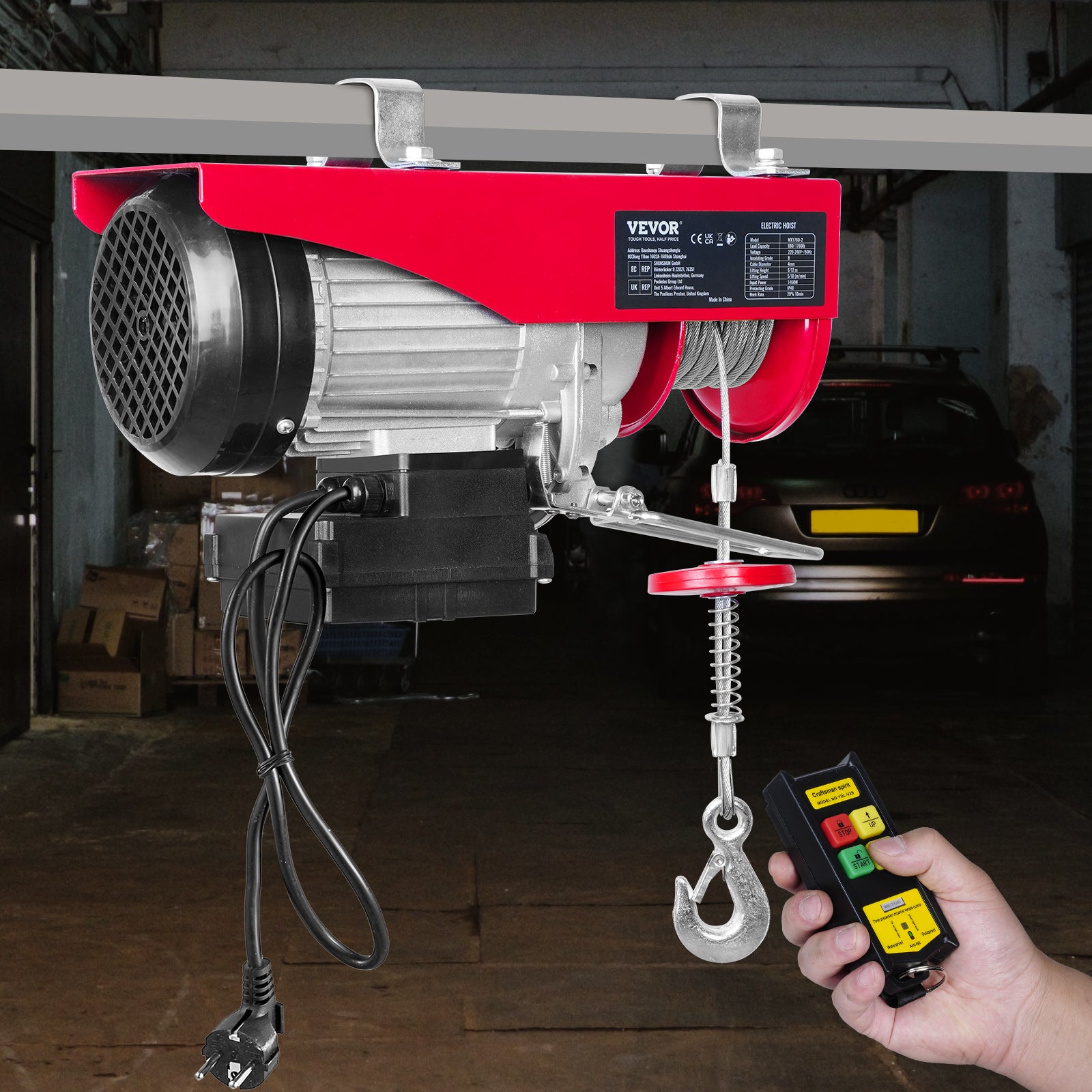 Treuil-Palan Électrique VEVOR 800 kg 1450 W, Télécommande Sans Fil, 10 m/min, Câble 12 m, Moteur Cuivre Pur pour Garages, Entrepôts, Usines - 8