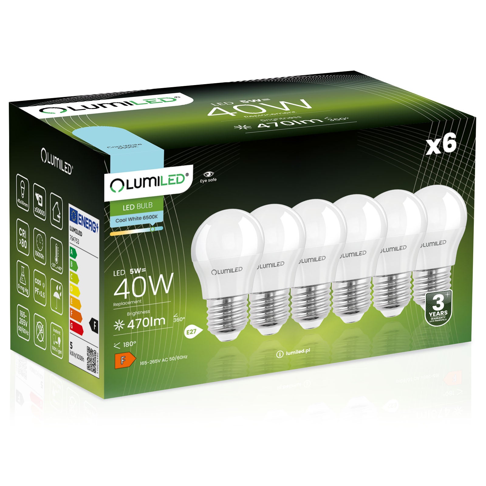 6x Żarówka Lumiled LED E27 Kulka P45 5W = 40W 470lm 6500K Zimna 180st