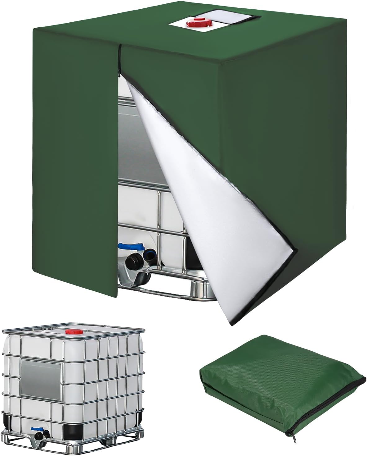 Pokrywa zbiornika IBC 1000 l - pokrywa zbiornika na wodę 420D - ochronna pokrywa zbiornika IBC z zamkiem błyskawicznym, 120 x 100 x 116 cm - zielona