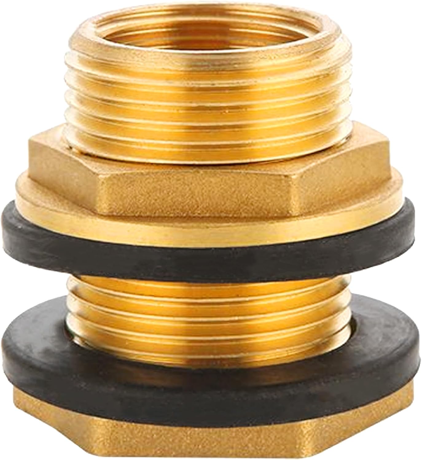 Mosiężny łącznik beczkowy – przelotowy do wody deszczowej, gwint wewnętrzny G3/4" x gwint zewnętrzny G1", w zestawie 2 uszczelki