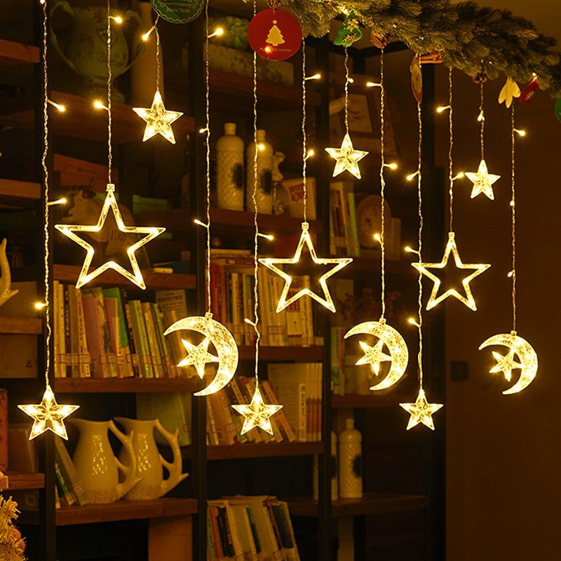 Guirlande lumineuse LED Star Moon, rideau lumineux de Noël de 3,5 m avec télécommande, décorations de Noël, 8 modes d'éclairage, blanc chaud - 4