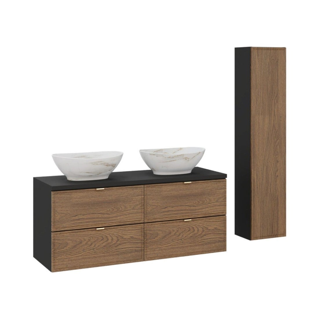 Conjunto de baño savia: muebles bajo lavabo 120cm + lavabo sobre encimera efecto mármol + columna de almacenamiento