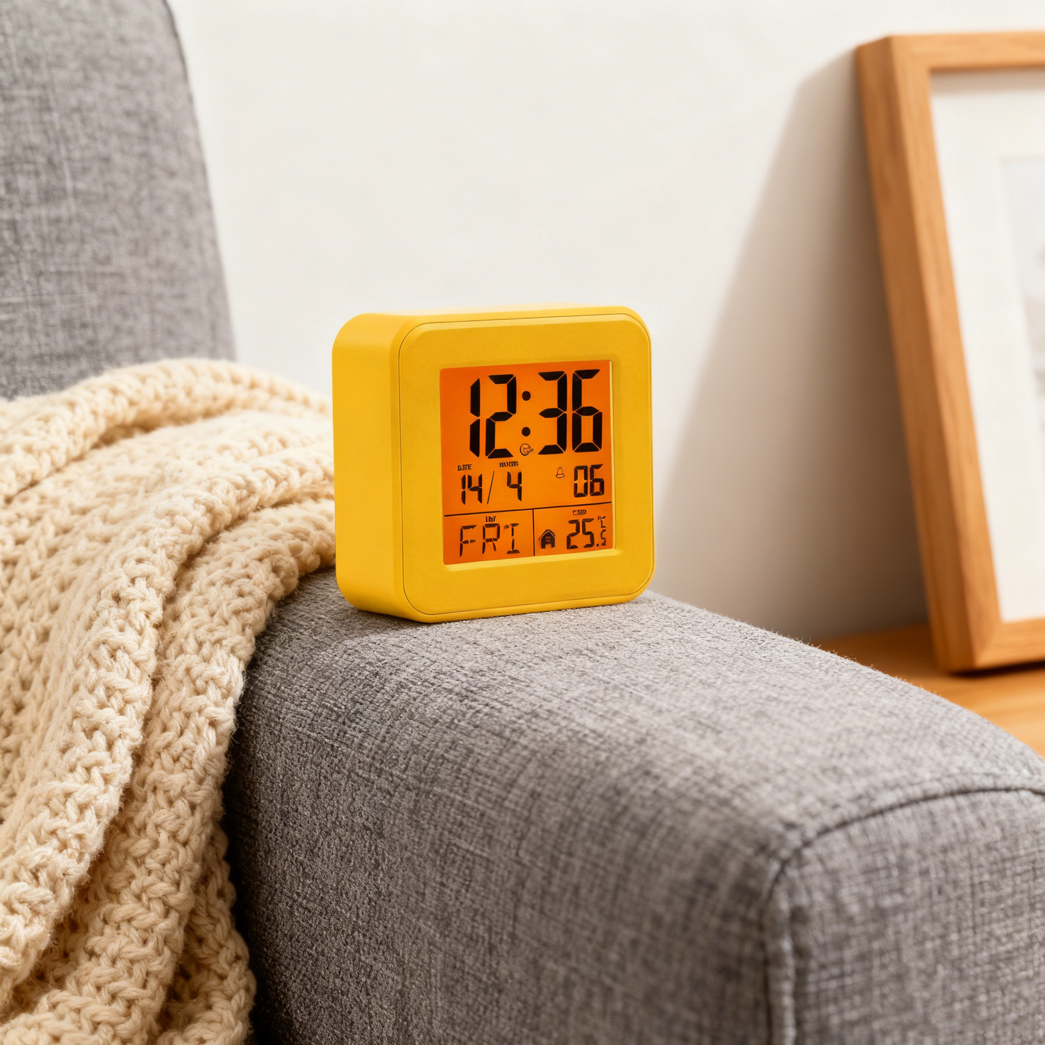 Set 2 orologi digitali radiocontrollati gialli con grande schermo LED, temperatura, data e snooze ideali per casa, ufficio e camere - 6