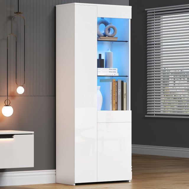 Witryna z 2 drzwiami, 1 szufladą i półkami, wysoka komoda - 70 x 35 x 180 cm - diody LED - płyta wiórowa i szkło - kolor biały