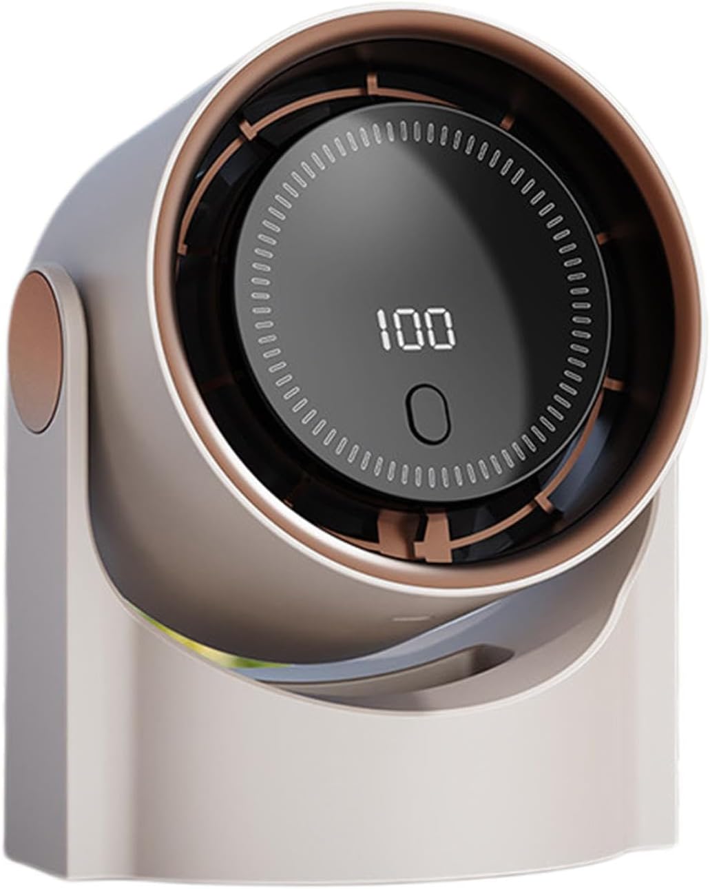 Wentylator bezłopatkowy, wyświetlacz cyfrowy, cichy, przenośny, ładowany przez USB, 13 x 8,4 x 16 cm, beżowy