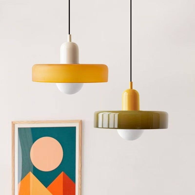 Lustre Bauhaus, abat-jour en vitrail, lumière tricolore, verre vert de 25 cm + pied de lampe rose - 7