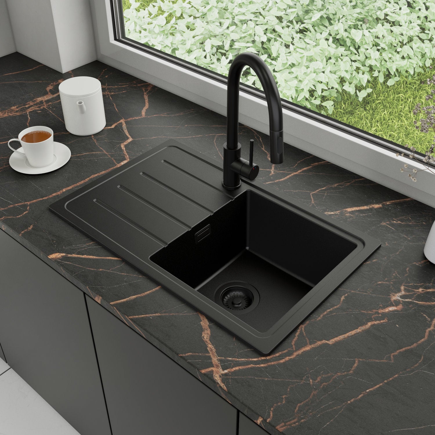 Zlewozmywak Granitowy 70x44cm, do szafki od 45cm + Bateria + Syfon - Ametyst Cały Czarny STONESTYLE