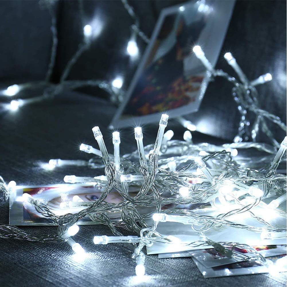 Catena luminosa a LED da 10 m con 100 LED, luci natalizie impermeabili IP44 con telecomando e timer, 8 modalità, bianco freddo - 6