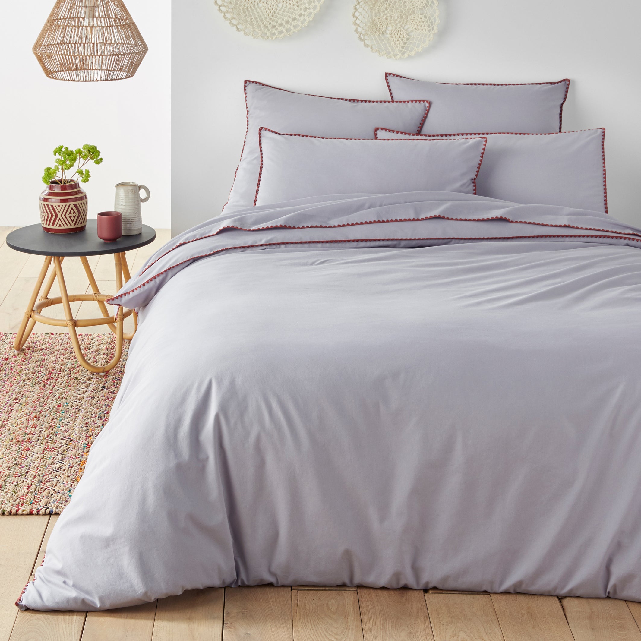 Drap plat uni en coton lavé, brodé, Merida - Lin/noir - 180 x 290 cm - 4