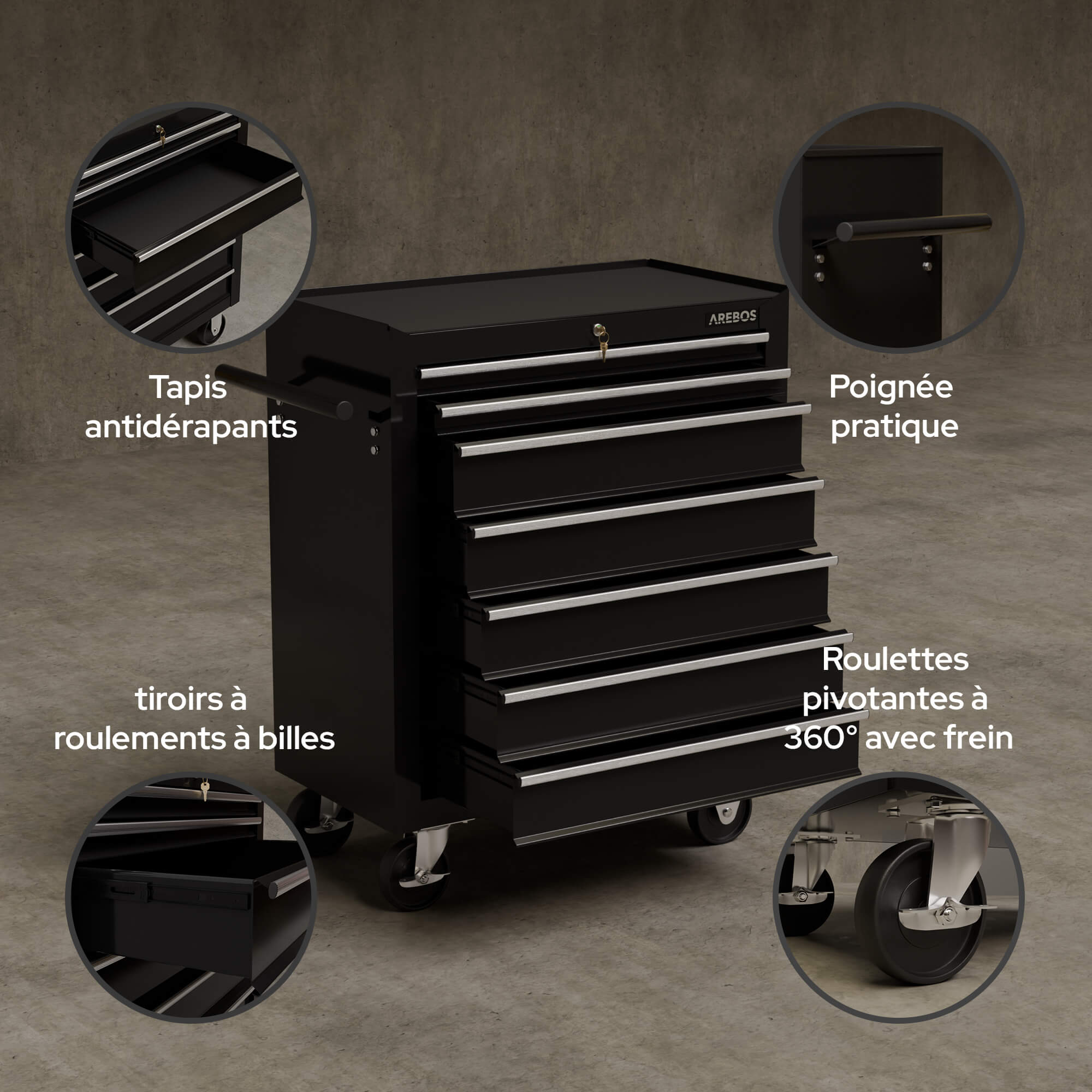 AREBOS Chariot à Outils 7 Tiroirs – Verrouillage Central, Acier Robuste, Tapis Antidérapants, Roues Pivotantes avec Freins - 6