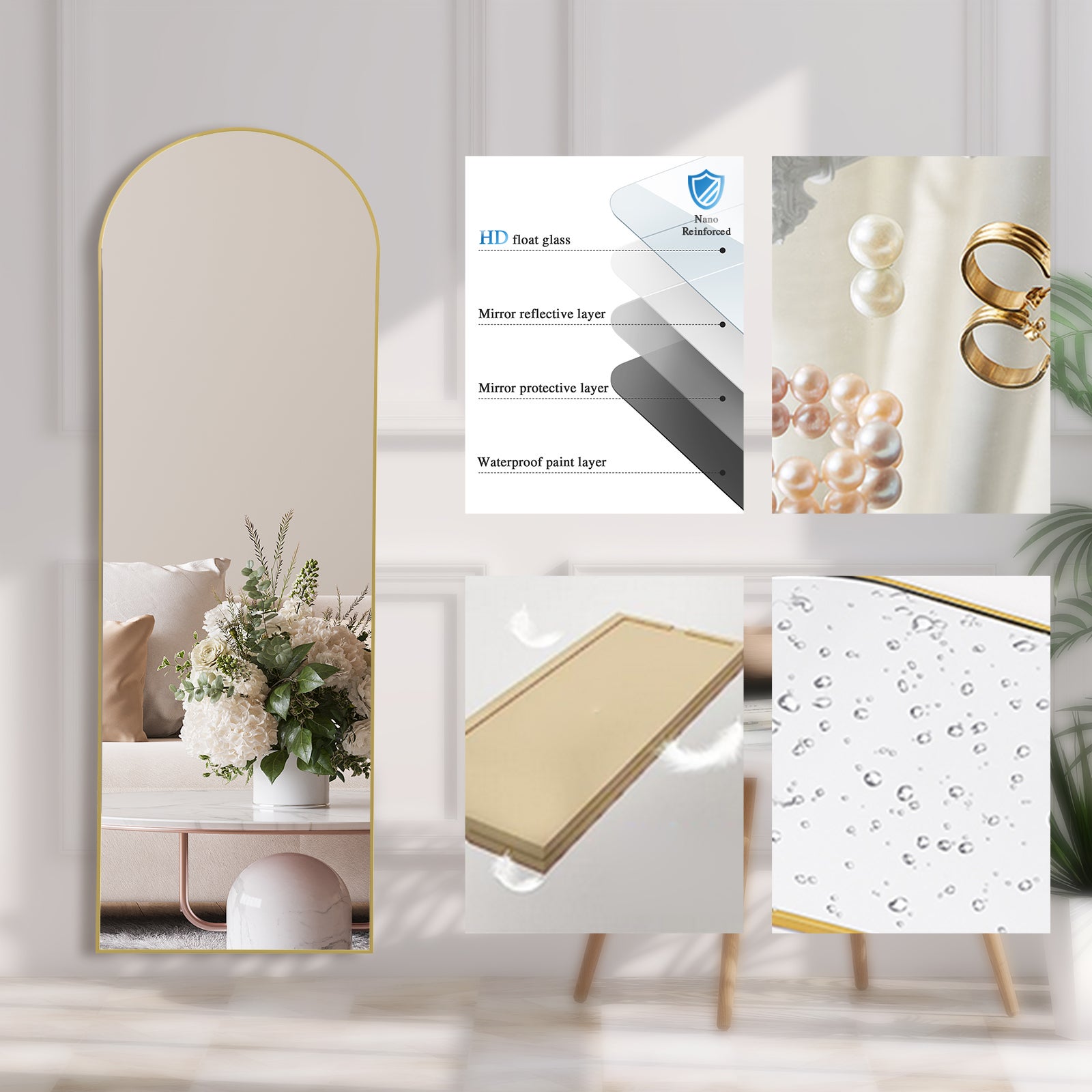Espelho de corpo inteiro curvo 161 x 52 cm, grande espelho de pé e de parede, ideal para quarto, sala, corredor e entrada, moldura dourada - 3