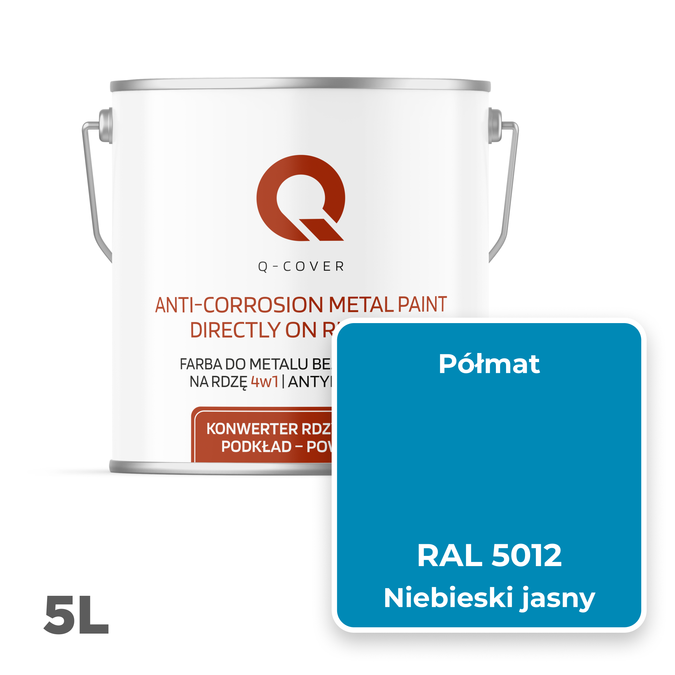 Farba do Metalu Prosto na Rdzę 4w1 Q-Cover Niebieski jasny RAL5012 Półmat 5L - 2
