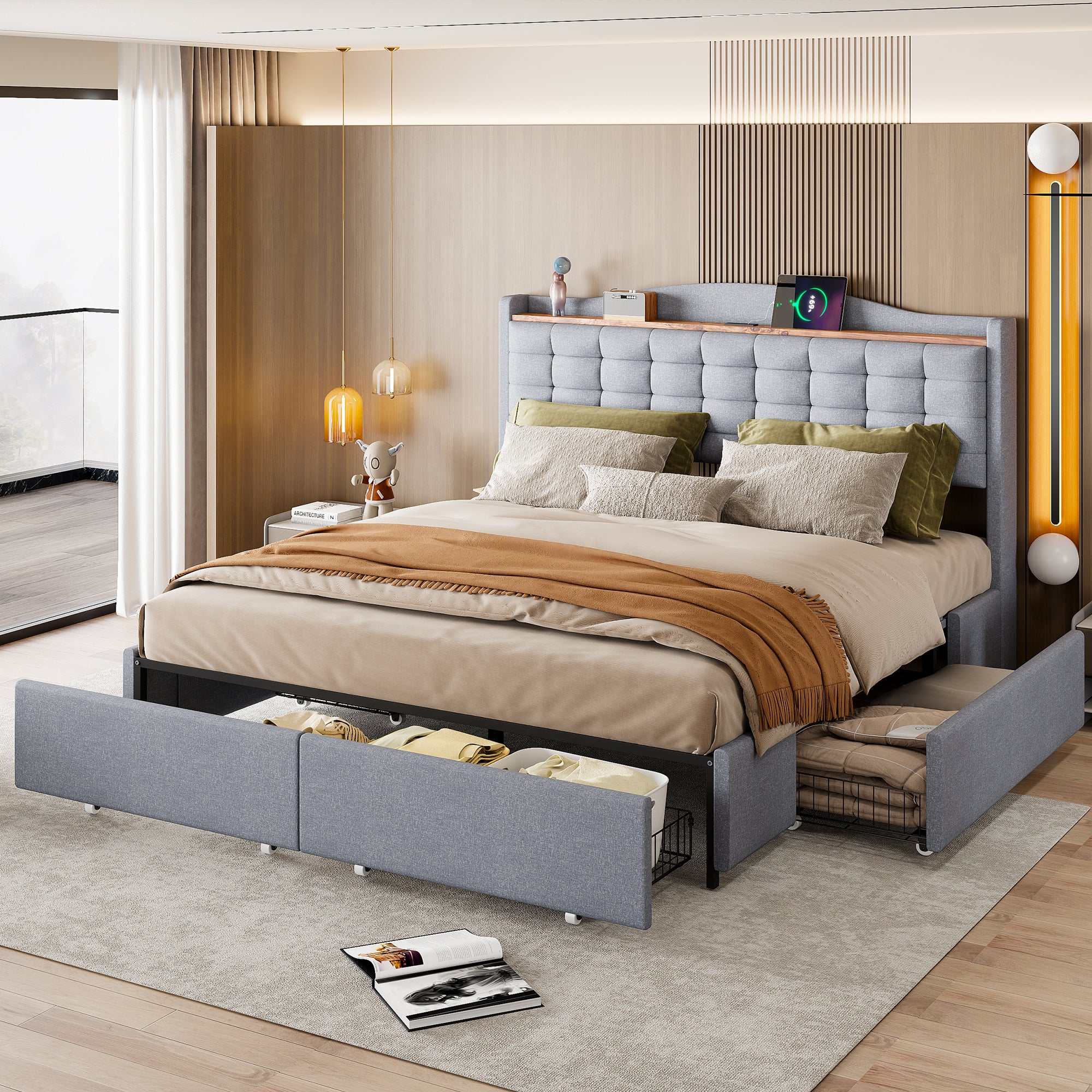 Letto imbottito 180 x 200 cm, letto basculante idraulico, con ripiani