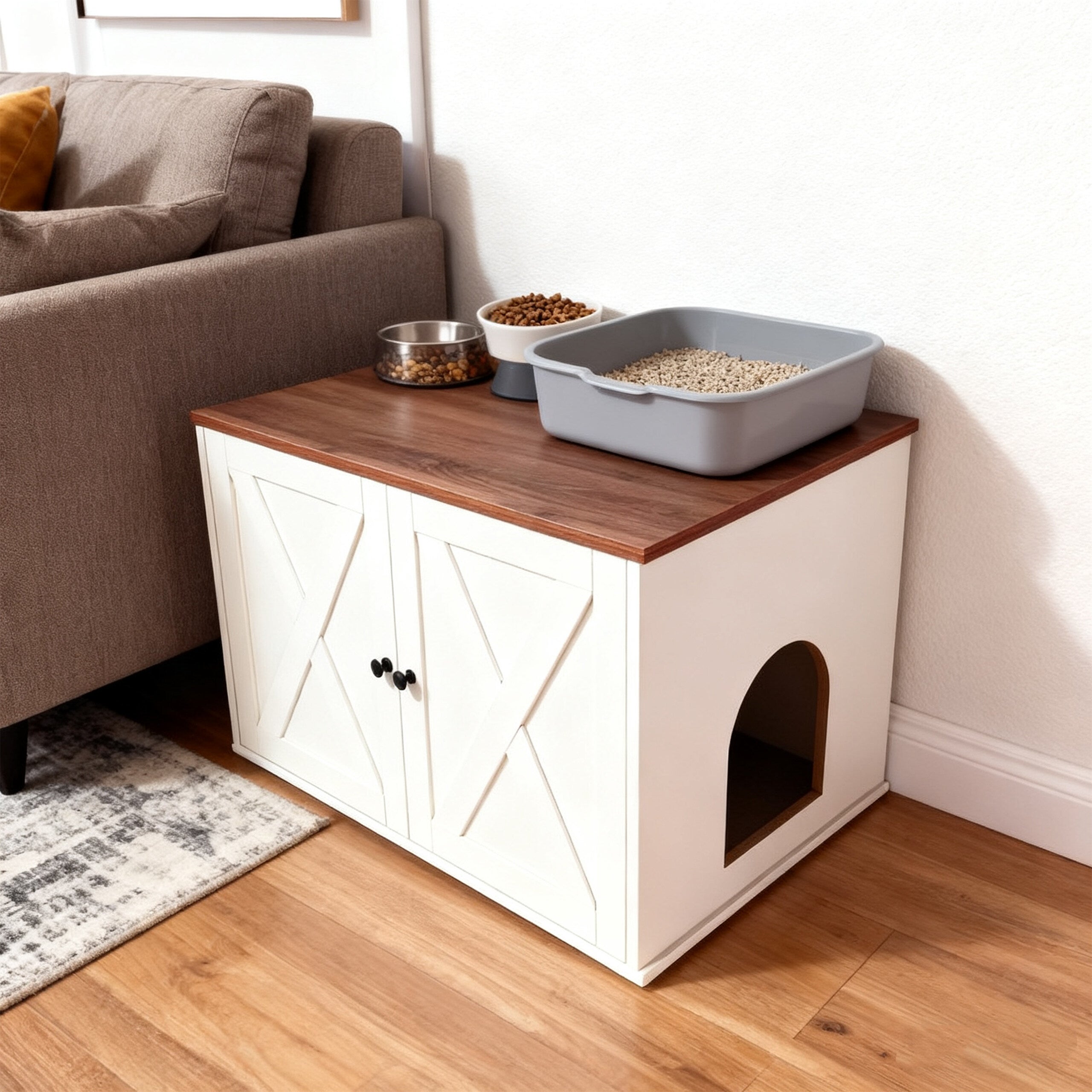 Armário para caixa de areia para gatos com divisória amovível e entrada lateral, MDF branco-castanho, 50 x 80 x 53 cm, Relaxdays - 2